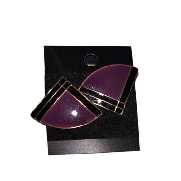 Vtg 1980s 1990s Purple & Black Triangle Earrings, Statement Oversized Retro - Picture 1 of 3